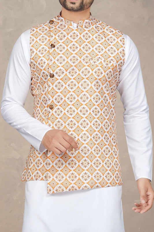 Orange,White Cotton Mens Nehru Jacket (NMK-6945) - Nihal Fashions