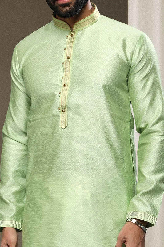 Parrot Green Jaquard Silk Brocade Kurta Pajama (NMK-5949)