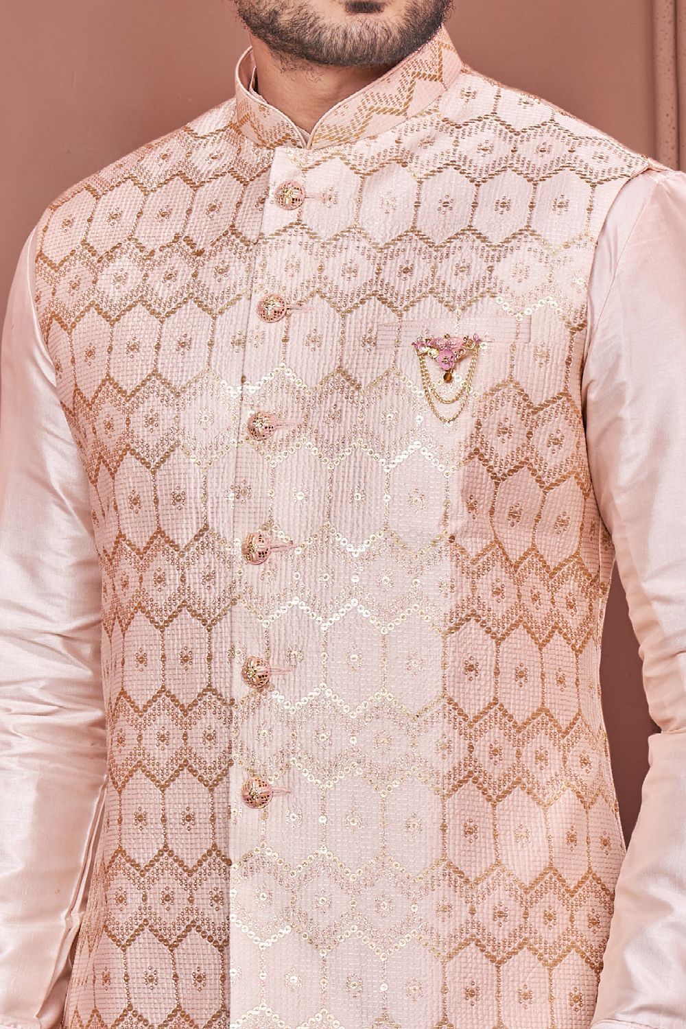 Peach Art Banarasi Silk Nehru Jacket (NMK-7401) - Nihal Fashions