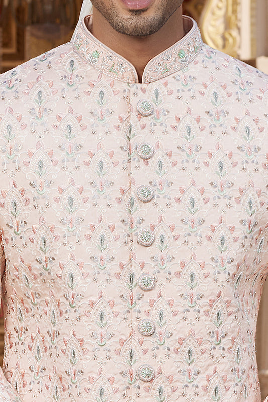 Peach Art Silk Grooms Sherwani (NMK-8184) - Nihal Fashions