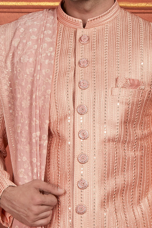 Peach Art Silk Indian Sherwani (NMK-7889) - Nihal Fashions