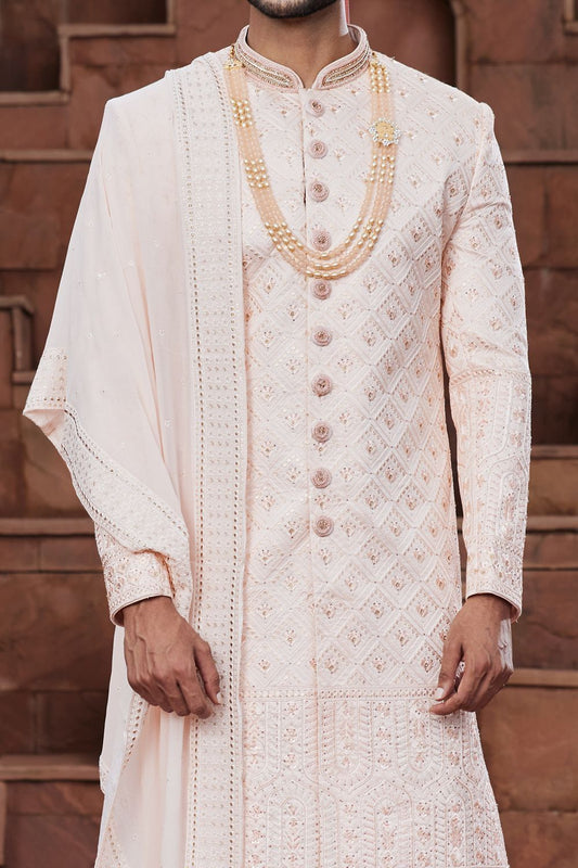 Peach Art Silk Sherwani for Men (NMK-7162) - Nihal Fashions