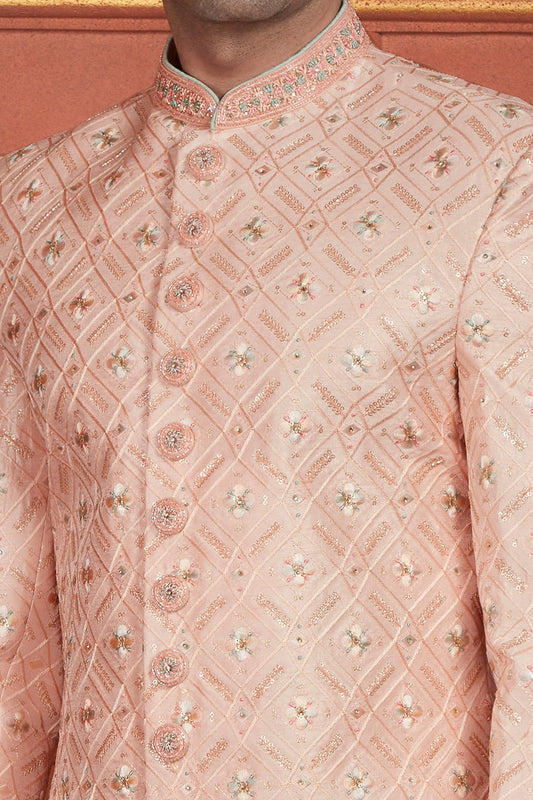Peach Art Silk Sherwani for Men (NMK-7900) - Nihal Fashions
