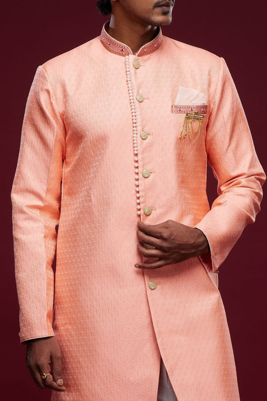 Peach Banarasi Jaquard Mens Indo Western (NMK-6986) - Nihal Fashions