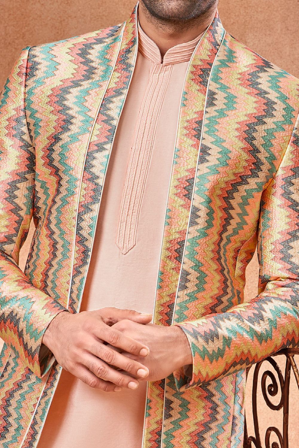 Peach Banarasi Silk Mens Jodhpuri (NMK-7273) - Nihal Fashions