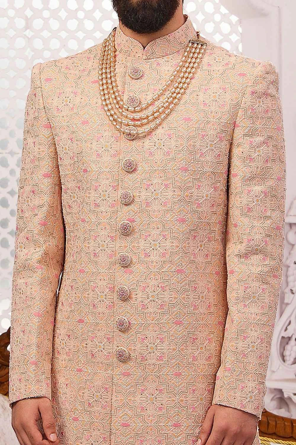 Peach Georgette Lucknowi Embroidered Sherwani (NMK-5553)
