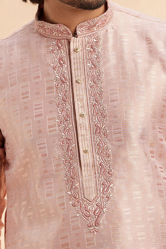 Peach Jaquard Art Silk Kurta Pajama (NMK-7903) - Nihal Fashions