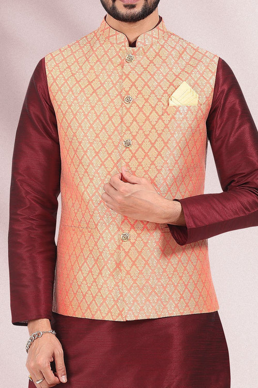 Peach Jaquard Banarasi Silk Nehru Jacket (NMK-6688) - Nihal Fashions