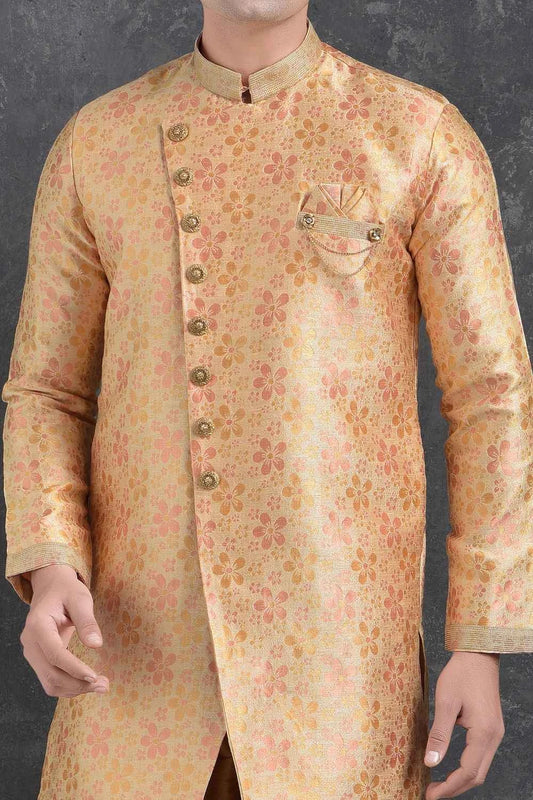 Peach Jaquard Silk Brocade Men Indo Western Kurta (NMK-5022)