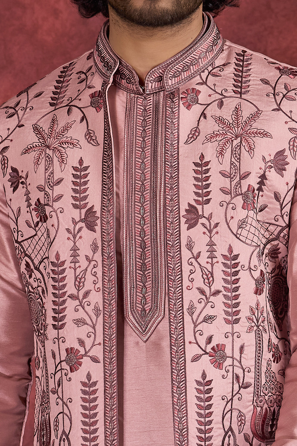 Pink Art Banarasi Silk 3 piece Long Kurta Jacket (NMK-8699) - Nihal Fashions
