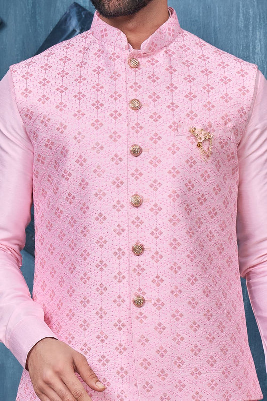 Pink Art Banarasi Silk Nehru Jacket (NMK-7382) - Nihal Fashions