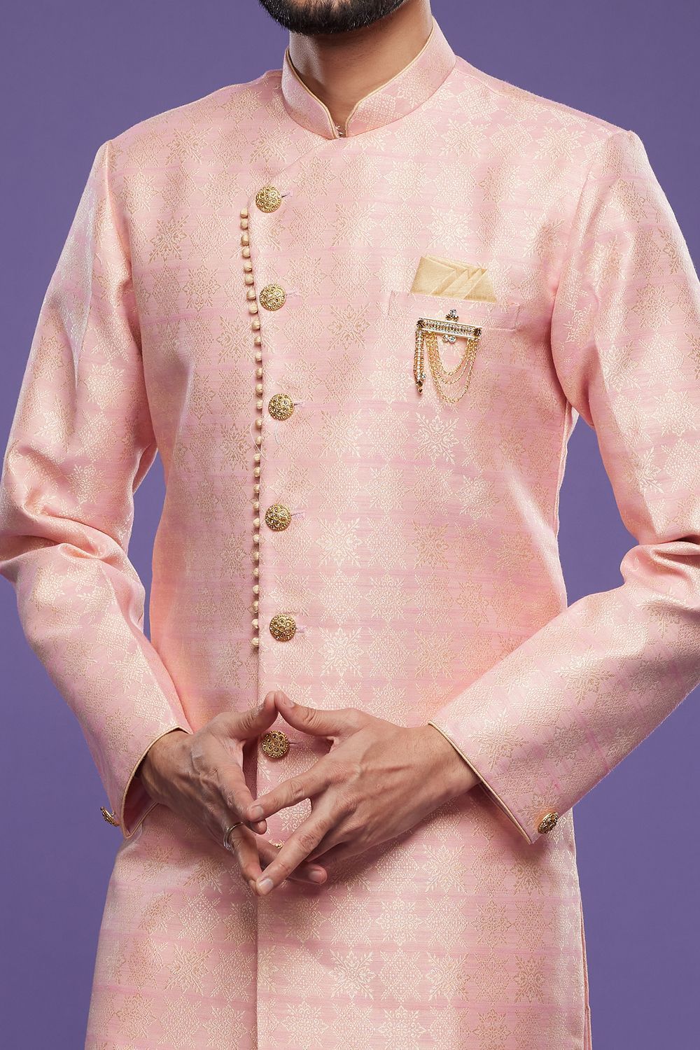 Pink Banarasi Jaquard Indo Western for Men (NMK-7001) - Nihal Fashions