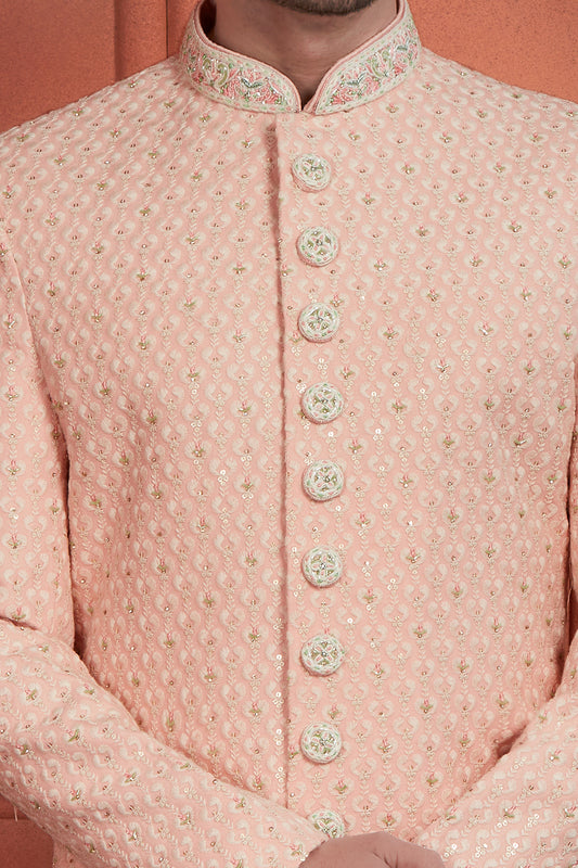 Pink Georgette Mens Sherwani (NMK-7894) - Nihal Fashions
