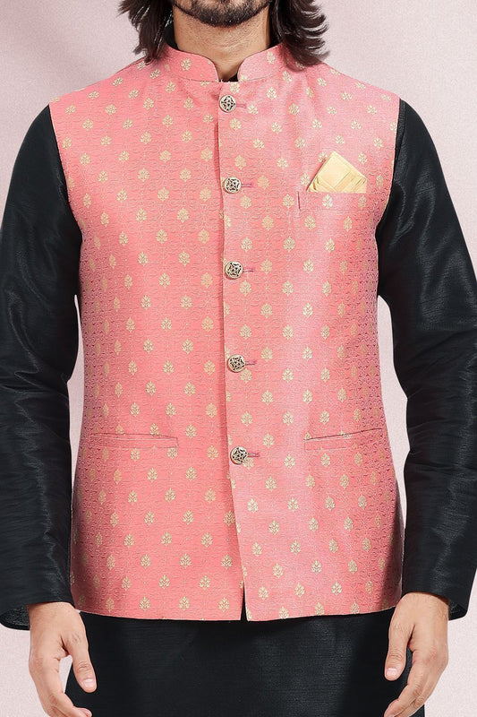Pink Jaquard Banarasi Silk Nehru Jacket (NMK-6684) - Nihal Fashions