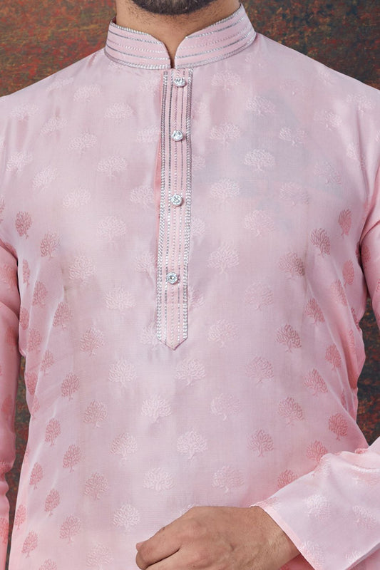 Pink Jaquard Kurta Pajama (NMK-7829) - Nihal Fashions
