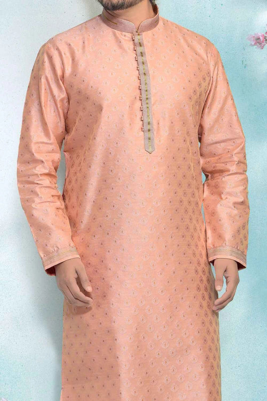 Pink Jaquard Silk Brocade Kurta Pajama (NMK-4878)