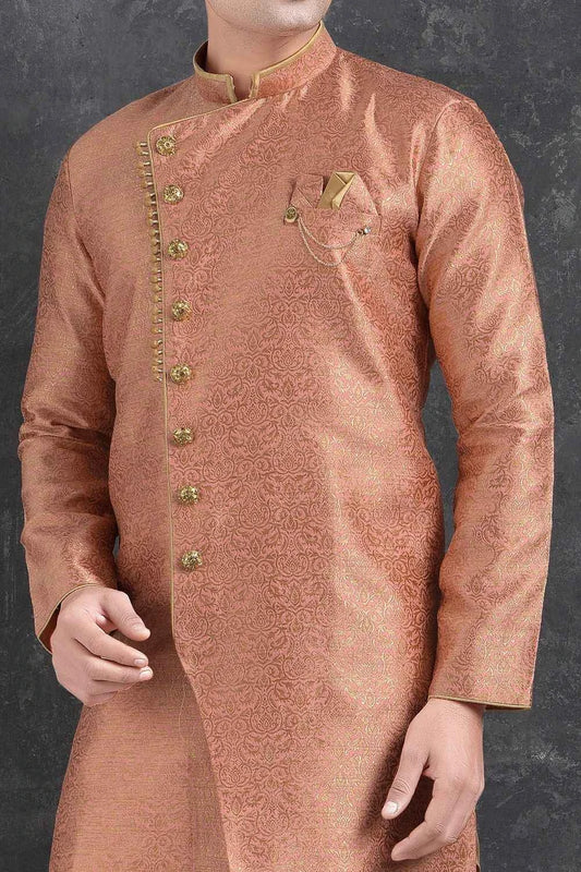 Pink Jaquard Silk Brocade Mens Indo Western Kurta (NMK-4999)
