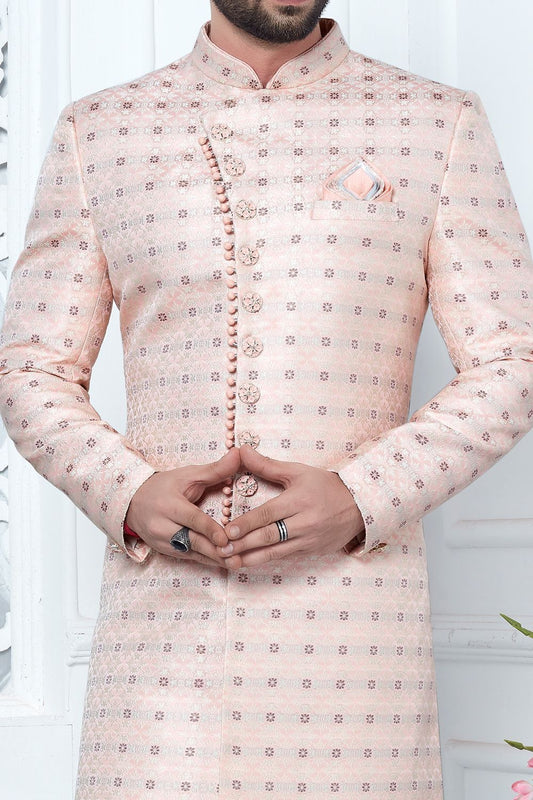 Pink Jaquard Silk Mens Indo Western (NMK-7192) - Nihal Fashions