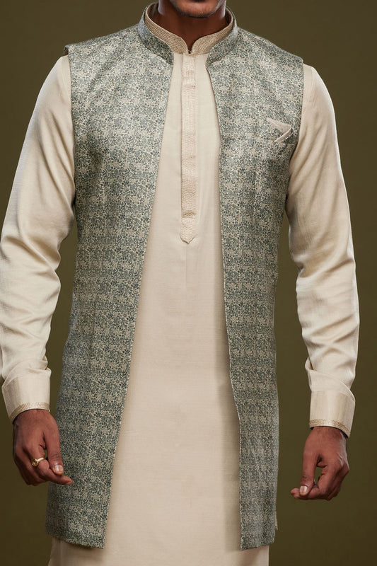Pista Green Art Silk Digital Printed Jacket Kurta (NMK-7086) - Nihal Fashions