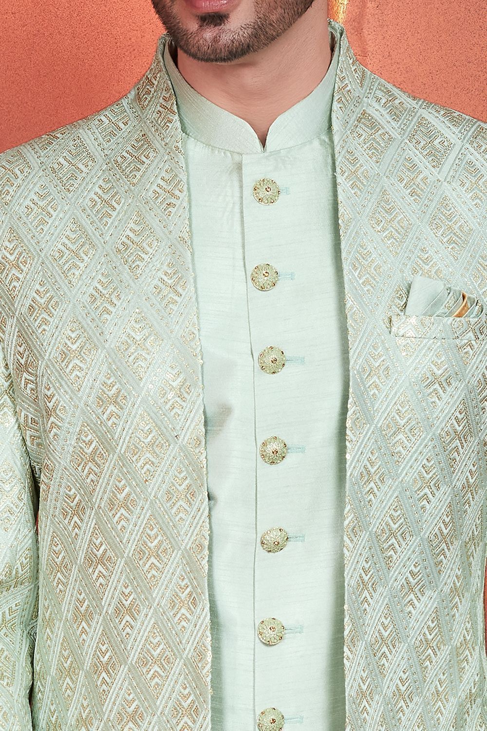 Pista Green Art Silk Indo Western for Men (NMK-7684) - Nihal Fashions