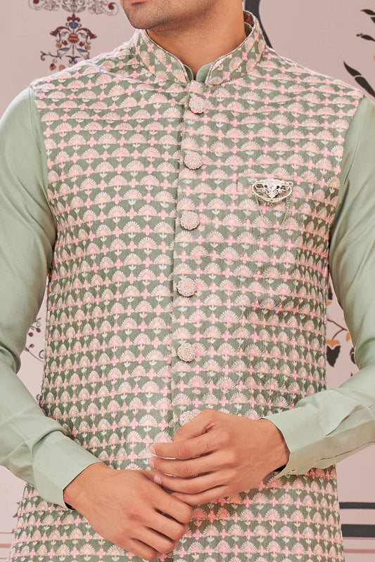 Pista Green Art Silk Mens Nehru Jacket (NMK-7985) - Nihal Fashions