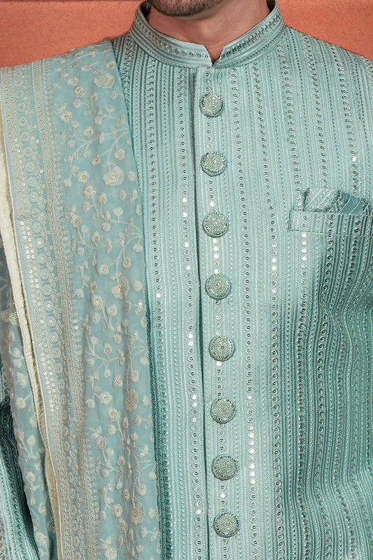 Pista Green Art Silk Mens Sherwani (NMK-7888) - Nihal Fashions