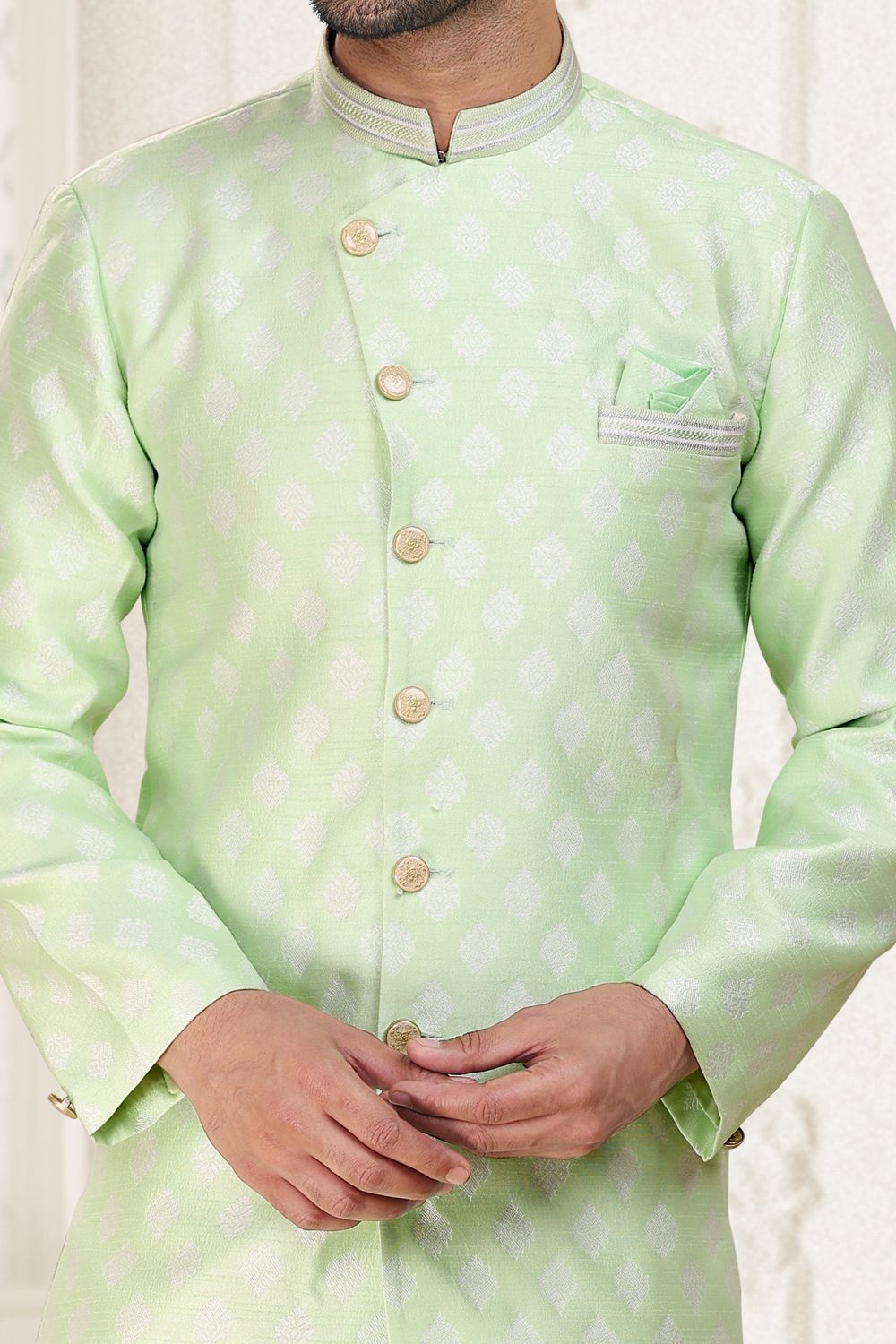 Pista Green Banarasi Jaquard Indo Western (NMK-6895) - Nihal Fashions