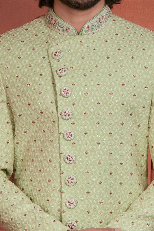 Pista Green Georgette Sherwani for Men (NMK-7895) - Nihal Fashions