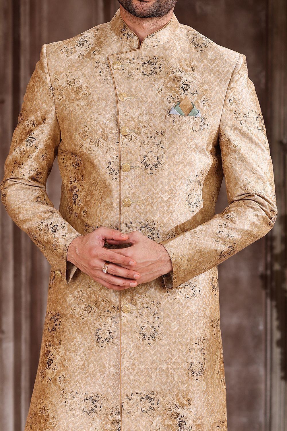 Printed Beige Art Silk Sherwani (NMK-6871) - Nihal Fashions