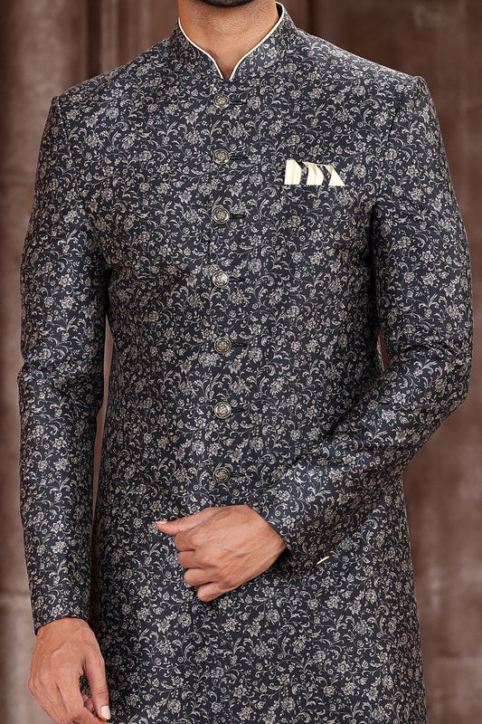Printed Black Art Silk Sherwani (NMK-6877) - Nihal Fashions