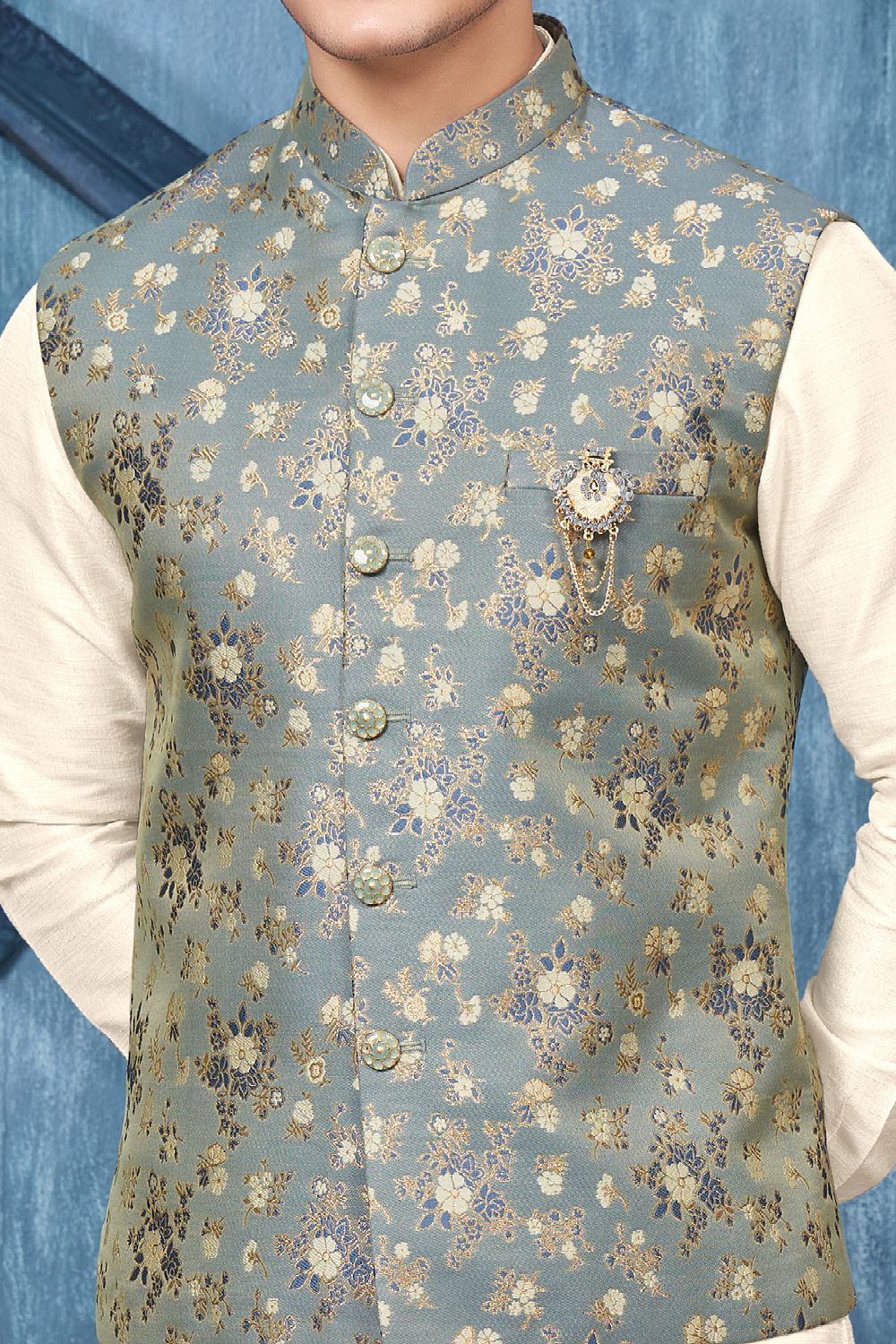 Printed Blue Jaquard Nehru Jacket (NMK-7369) - Nihal Fashions