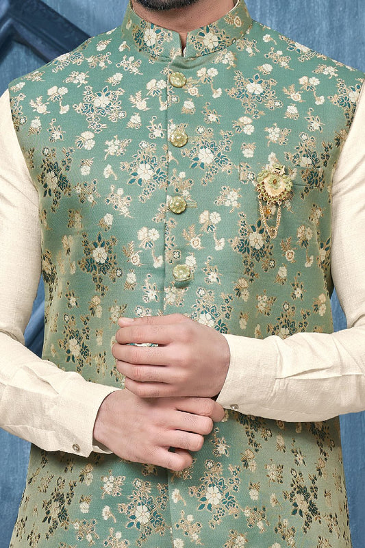 Printed Green Jaquard Nehru Jacket (NMK-7370) - Nihal Fashions