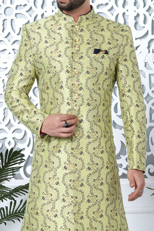 Printed Green Jaquard Silk Indo Western (NMK-7194) - Nihal Fashions