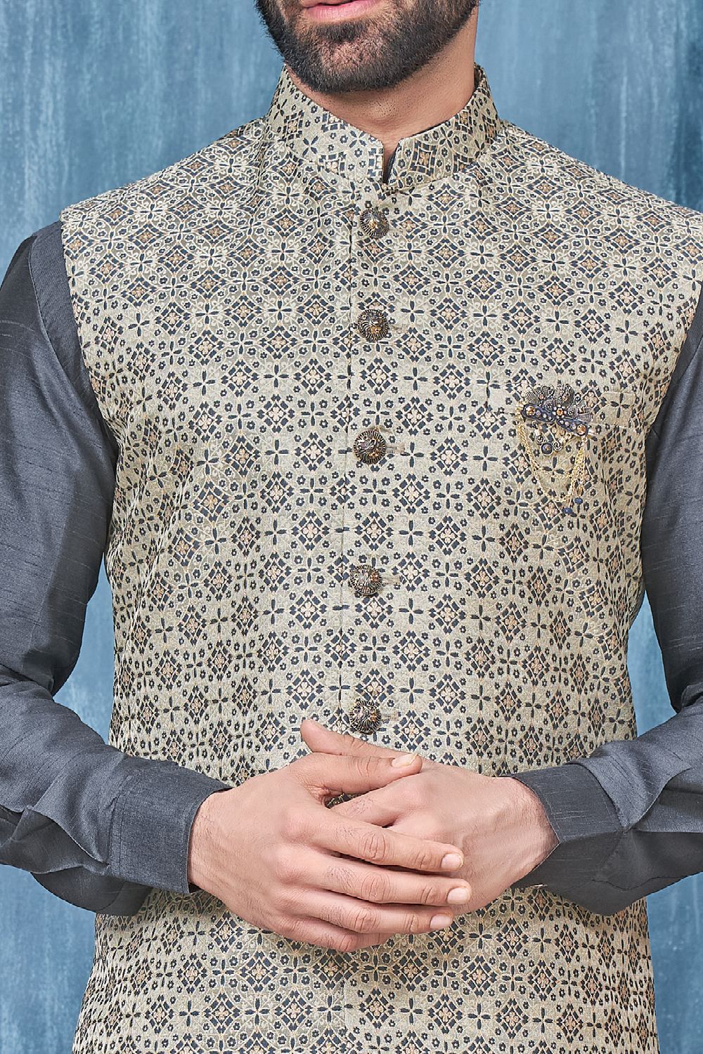 Printed Grey Jaquard Nehru Jacket (NMK-7365) - Nihal Fashions
