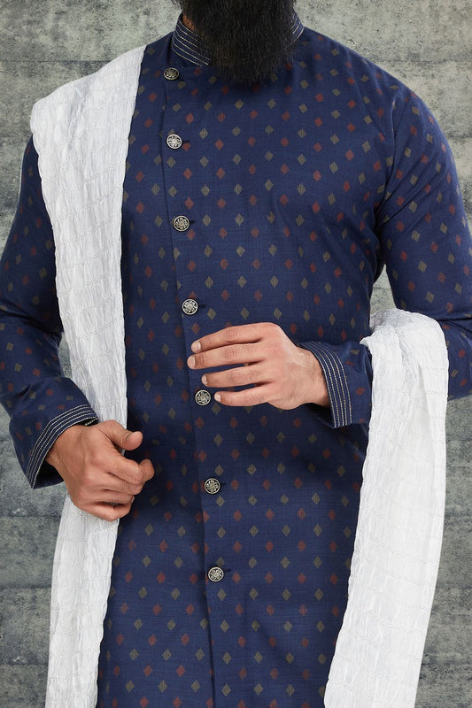 Printed Navy Blue Cotton Silk Indo Western (NMK-6785) - Nihal Fashions