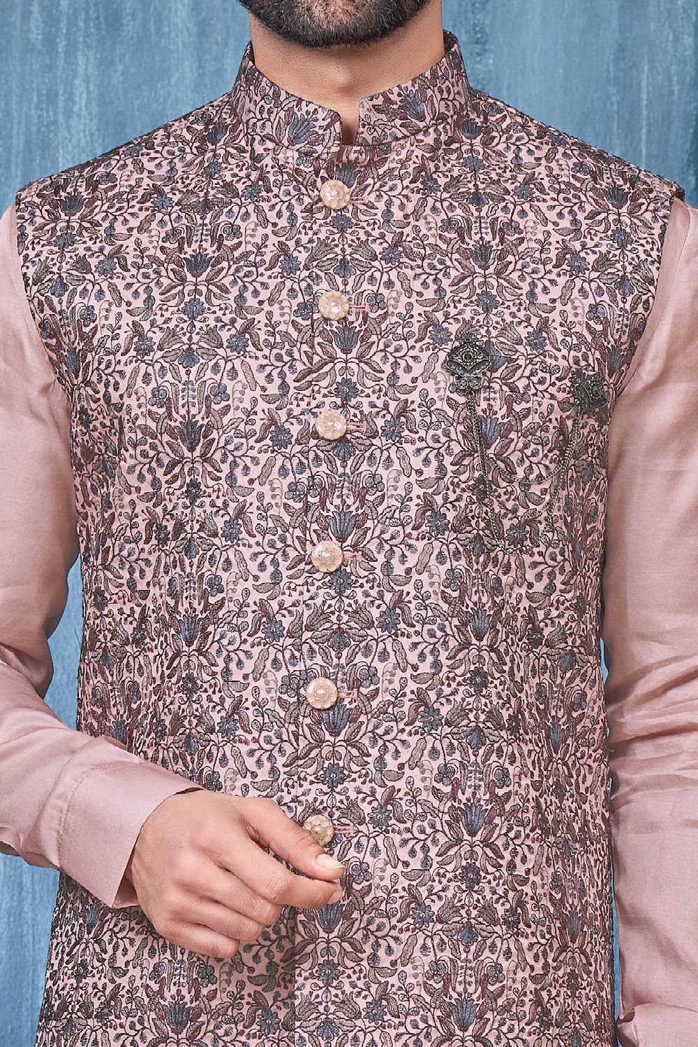 Printed Onion Art Banarasi Silk Nehru Jacket (NMK-7415) - Nihal Fashions