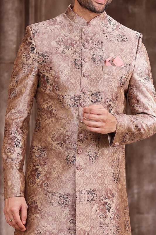 Printed Peach Art Silk Sherwani (NMK-6873) - Nihal Fashions