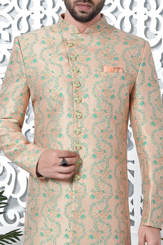 Printed Peach Jaquard Silk Indo Western (NMK-7195) - Nihal Fashions