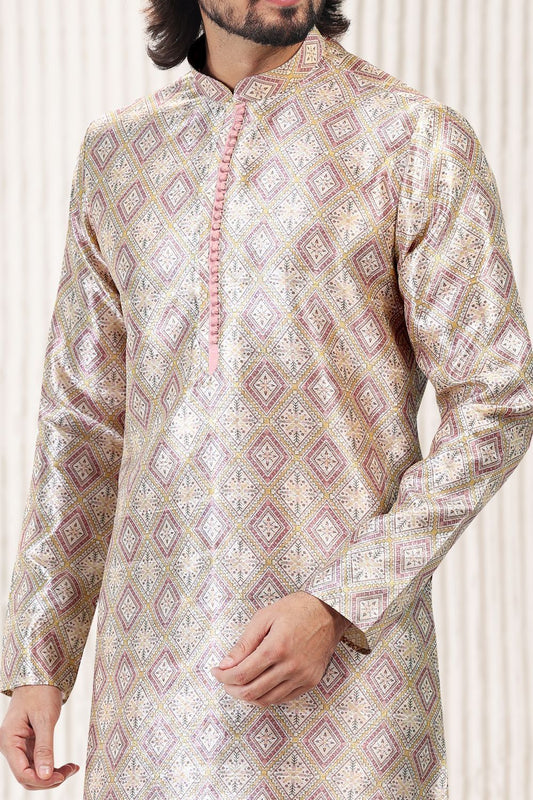 Printed Peach Silk Kurta Pajama (NMK-6715) - Nihal Fashions