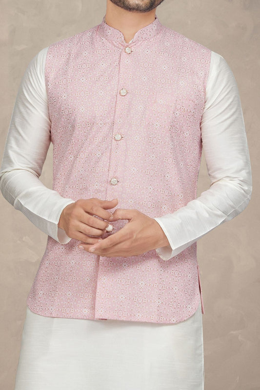 Printed Pink Art Silk Mens Nehru Jacket (NMK-6966) - Nihal Fashions