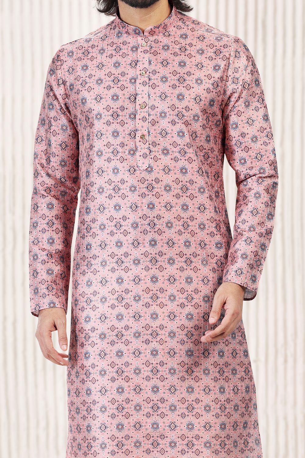 Printed Pink Silk Kurta Pajama for Men (NMK-6717) - Nihal Fashions