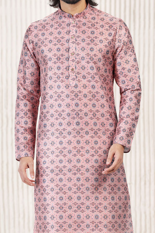 Printed Pink Silk Kurta Pajama for Men (NMK-6717) - Nihal Fashions