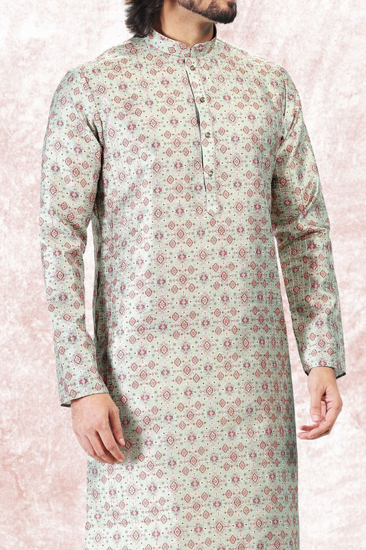 Printed Pista Green Silk Kurta Pajama (NMK-6720) - Nihal Fashions