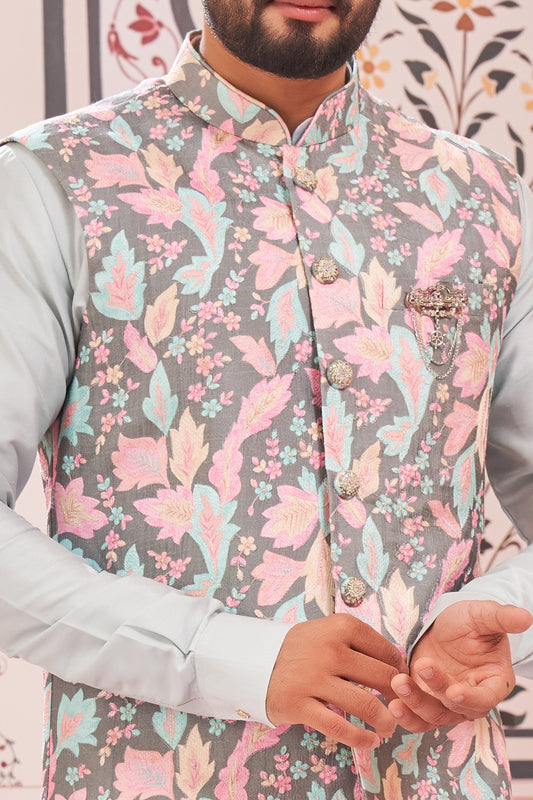Printed Sky Blue Art Silk Nehru Jacket (NMK-8073) - Nihal Fashions