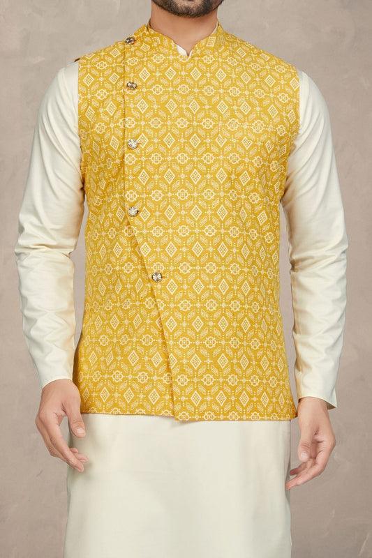 Printed Yellow Cotton Mens Nehru Jacket (NMK-6954) - Nihal Fashions