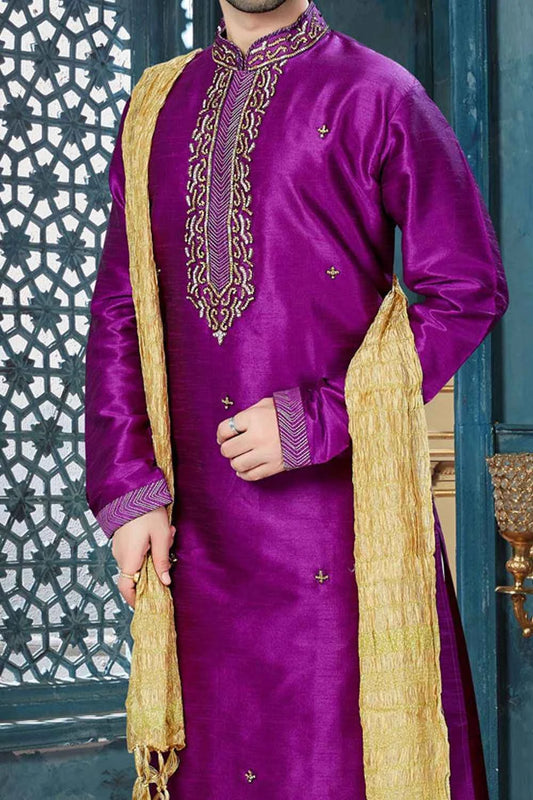 Purple Art Dupion Mens Kurta Pajama (NMK-3809)