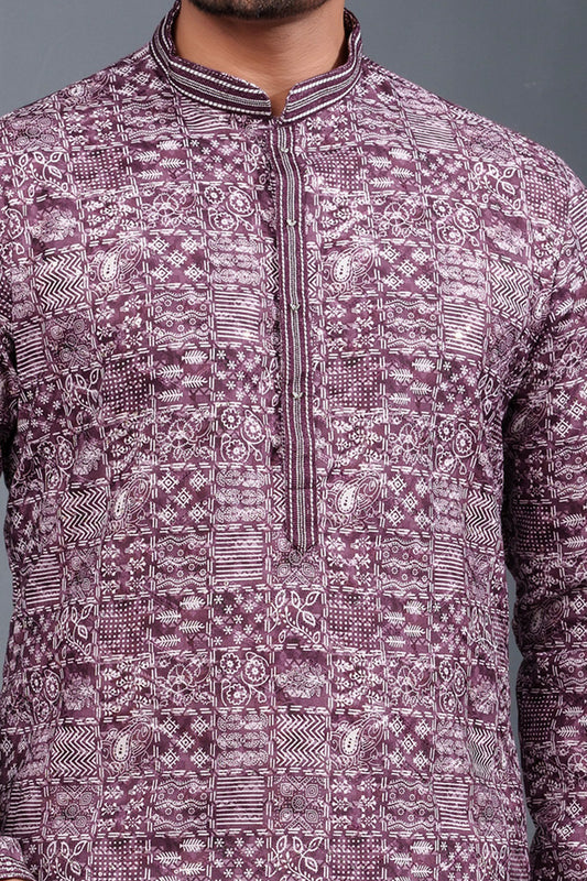 Purple Printed Cotton Silk Kurta Pajama (NMK-8773) - Nihal Fashions