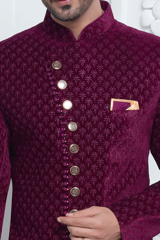 Purple Velvet Silk Sherwani for Men (NMK-7881) - Nihal Fashions