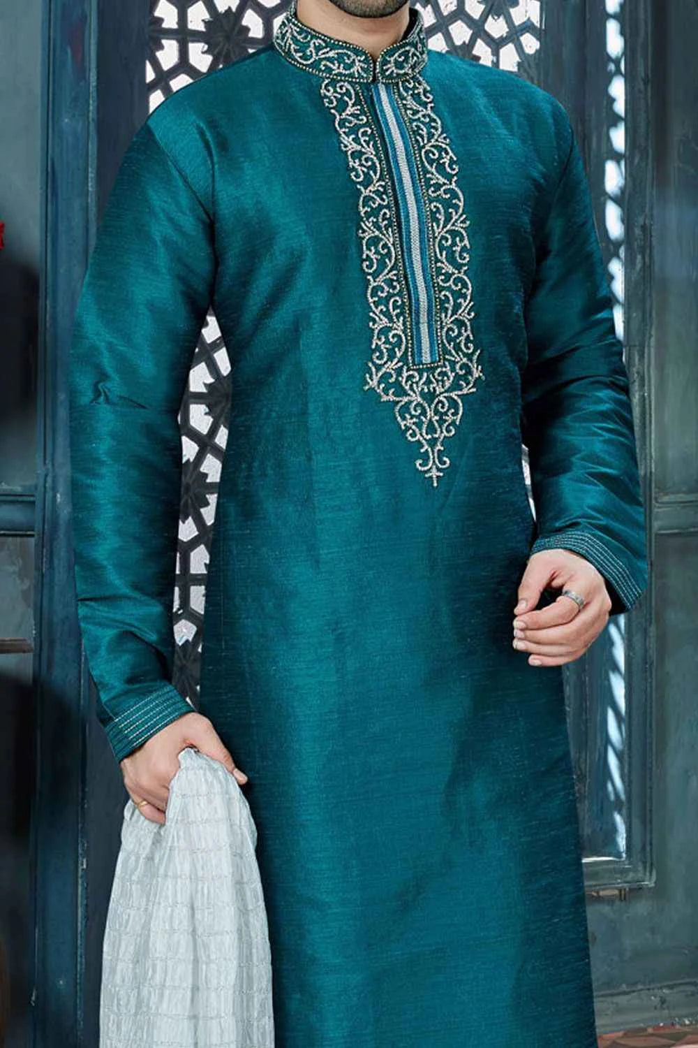 Rama Blue Art Dupion Designer Kurta Pajama (NMK-3819)
