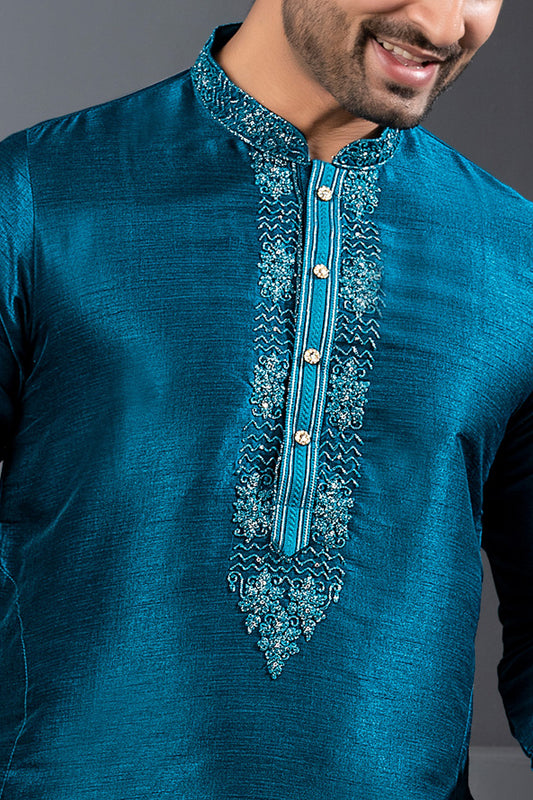 Rama Blue Banglori Silk Kurta Pajama (NMK-8740) - Nihal Fashions